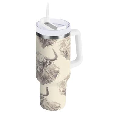 Imagem de xigua Copo Highland Cow 1,134 g com tampa e canudo, aço inoxidável de vácuo duplo isolado garrafa de água esportiva suporte para copo de café de viagem à prova de vazamento para bebida gelada