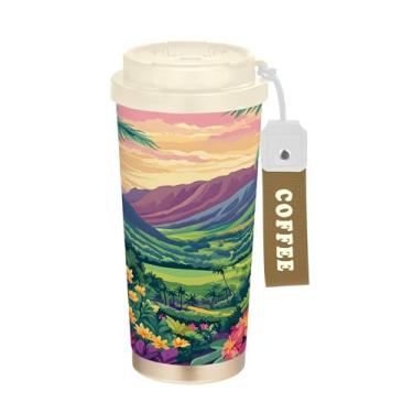 Imagem de SEHANY Caneca de viagem com palmeira de verão, 482 g, copos de café reutilizáveis revestidos de cerâmica com tampa à prova de vazamento, parede dupla, isolamento a vácuo, copo de café de aço
