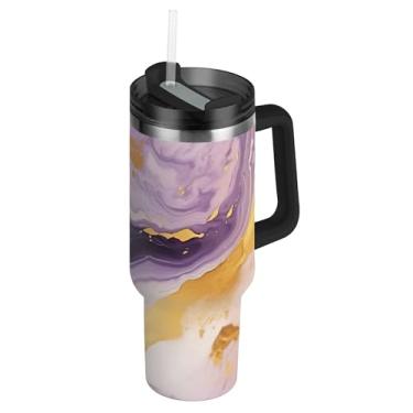 Imagem de SEHANY Copo de mármore roxo de 850 g com tampa e canudo, aço inoxidável de vácuo duplo isolado garrafa de água esportiva suporte para copo de café de viagem à prova de vazamento para bebida gelada