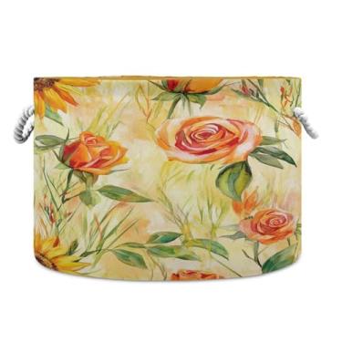 Imagem de SEHANY Cesta redonda grande de girassol amarelo com alça de corda, cesto de roupa suja de lona para armazenamento de cobertores, cesta de armazenamento infantil para quarto de banho, decoração de