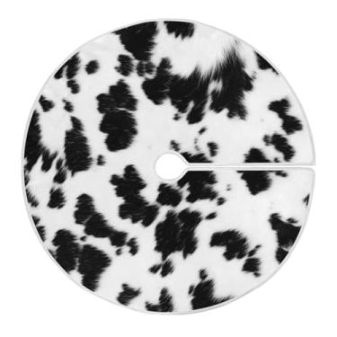 Imagem de Blueangle Saia de árvore de Natal com padrão de couro de vaca preto e branco de 90 cm - poliéster macio e resistente a rugas, decoração de férias para festas de Natal, árvore festiva e decoração de