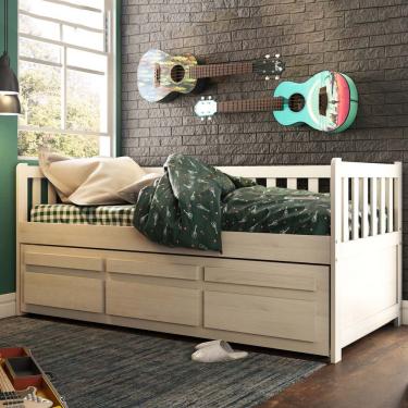 Imagem de Bicama Reta Solteiro Branco Lavado 3 Gavetas Madeira Pinus