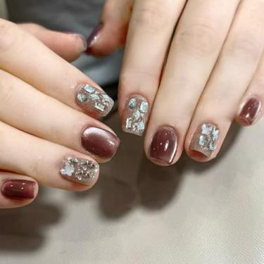 Imagem de Unhas postiças curtas médias quadradas olho de gato com strass simples glitter Desien cobertura completa cola acrílica falsa em unha para mulheres, 30 peças