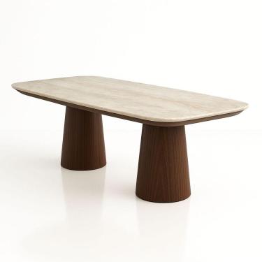 Imagem de Mesa De Jantar Quartzito Taj Mahal Base E Tampo Duplo Nogueira 180x100 Cm