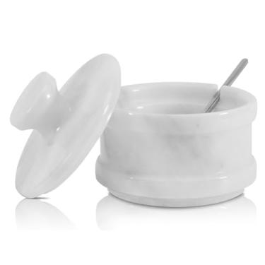 Imagem de Radicaln Saleiro de mármore com tampa, caixa de sal branca de 9 cm, recipiente de tempero e potes de especiarias para decoração de cozinha, suporte de sal de pedra para balcão, pote de especiarias