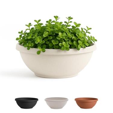 Imagem de Bloem Terra Tigela redonda de 35,5 cm de diâmetro de resina de fava de baunilha com orifícios de drenagem para jardinagem interna e externa