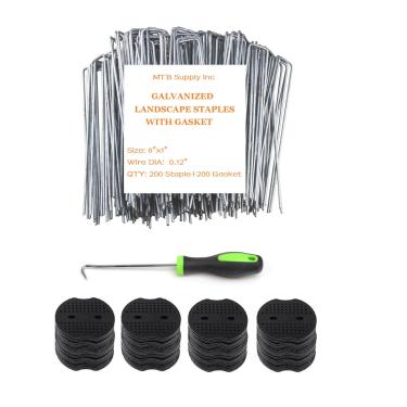 Imagem de Grampos de paisagem galvanizados 200 peças de 200 peças com junta de 200 peças, estacas de tecido de paisagismo, estacas de barreira de ervas daninhas, pontas de jardim, grampos de cobertura de solo