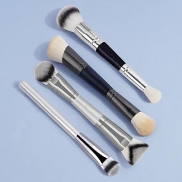 Imagem de Conjunto de pincéis de maquiagem com 4 peças, ultramacio, denso, não absorve pó, adequado para base, corretivo, contorno e mistura para iniciantes (preto e prata)