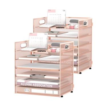 Imagem de Daltack Organizador de papel de 6 camadas para mesa, organizador de bandeja de papel para mesa, organizadores de arquivos de mesa de malha com alça para escritório, casa, escola, ouro rosa, pacote com