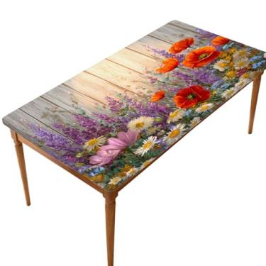 Imagem de oooJHooo Toalha de mesa retangular com borda elástica para 1,5 m, toalha de mesa de piquenique de madeira de papoula, à prova de vento, à prova d'água, lavável para jantar, acampamento, ambientes