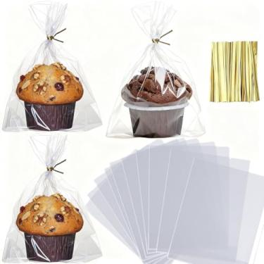 Imagem de Embalagem com 100 muffins de celofane de 15,2 x 17,78 x 6 cm, com laços dourados torcidos e fundo plano para macarons, cupcakes, chocolate, biscoitos, morangos, reutilizável, resselável, saco de