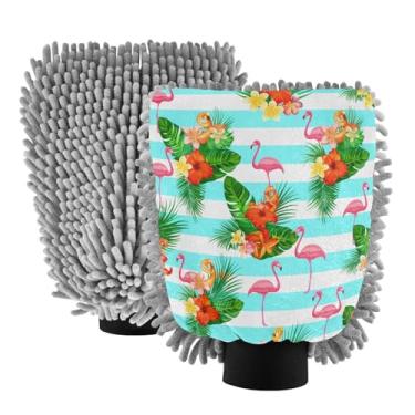 Imagem de STAYTOP Luvas de lavagem de carro flamingos e folhas de palmeira, 2 peças, luvas de microfibra de chenille, sem arranhões, panos de esponja de lavagem ultra absorventes para carros, limpeza doméstica