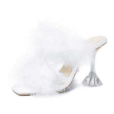 Imagem de Sandália feminina de salto alto transparente com bico quadrado, salto alto e transparente, duas faixas de penas fofas, chinelos de festa e formatura, Branco, 40
