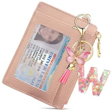 Imagem de Carteiras de cartão de crédito iniciais personalizadas para mulheres com carteira pequena fina, chaveiros de letra inicial para meninas e mulheres rosa chaveiro de borla fofo para mochila escolar,