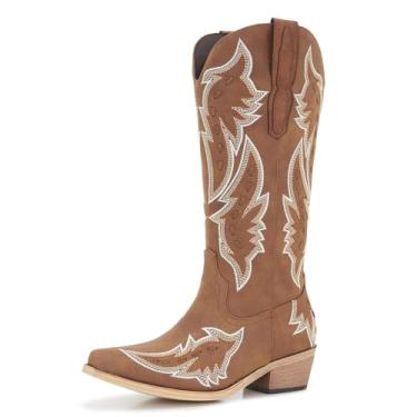 Imagem de ZXHYZLZ Botas femininas bordadas marrons caubói na altura do joelho com costura clássica, bico fino e salto baixo estilo pull on, Marrom, 37