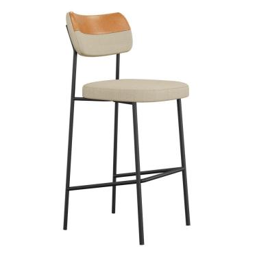 Imagem de Banqueta Alta Cozinha Lila Estofada Com Encosto Couríssimo Whisky Linho Bege - Desk Design