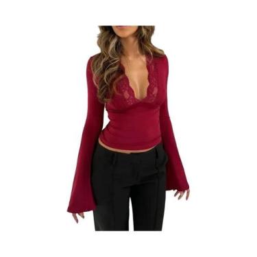 Imagem de Blusa Feminina Y2K De Manga Longa Com Decote Em V Profundo E Renda, El
