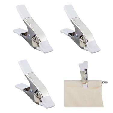 Imagem de AHANDMAKER 4 peças grampos de mola pinos de roupas resistentes clipes de toalha de mesa de metal branco ao ar livre para suporte de pano de fundo de tecido, projetos de marcenaria, casamento