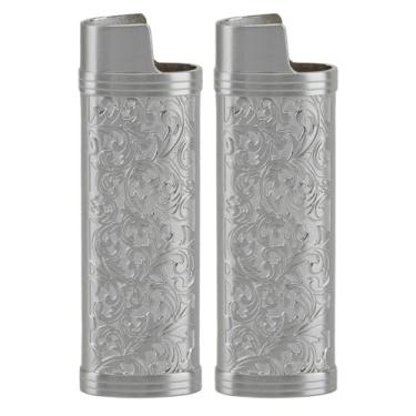 Imagem de Alomejor Estojo de Isqueiro, Capa de Liga de Zinco Com Estampa Floral Vintage para Isqueiros – Capa Protetora Com de Metal de Ajuste Seguro para Fumantes de Cachimbo (pacote Com 2, (GREY)