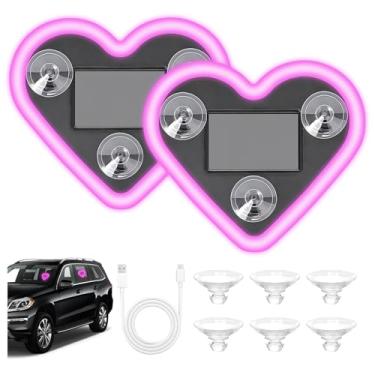 Imagem de 2 peças de luz ambiente LED para carro, movida a energia solar, luzes neon de LED em forma de coração, luz solar para carro com 6 modos, à prova d'água IP65, presente romântico para Natal, Dia dos