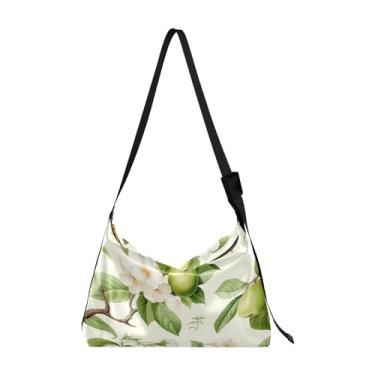 Imagem de Bolsa tiracolo de couro natural com frutas frescas verdes em ramo natural, bolsa transversal de couro, bolsa tiracolo de couro