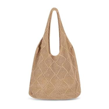 Imagem de Bolsa feminina Boho de crochê, bolsa de malha dobrável, adequada para férias de verão, compras, Caqui, Lazer