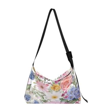 Imagem de Bolsa de ombro feminina Hobo floral amarela com papoulas brancas, bolsa transversal de couro, bolsa transversal de couro, Cheio de flores em aquarela - 2, One Size