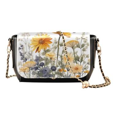 Imagem de Bolsa de ombro transversal de couro preto com flor em preto, bolsa tiracolo ajustável, bolsa de ombro média para mulheres, Plantas floridas com borboletas - 1, One Size