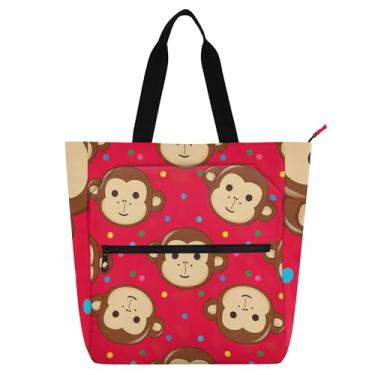 Imagem de Sacola feminina marrom vermelha com caras de macaco fofas para trabalho, lona, escola, bolsa para livros, bolsas fofas para crianças, presente para amantes de livros