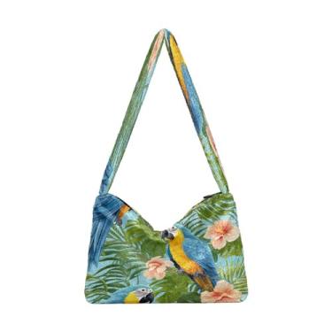 Imagem de Bolsa feminina tropical papagaio e flor, bolsa de ombro com zíper para mulheres, bolsas de outono, Folha de samambaias e papagaios azuis-3, One Size