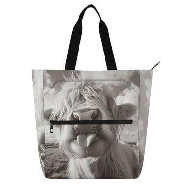 Imagem de Bolsas de trabalho femininas engraçadas de vaca Highland pretas e brancas bolsas de tecido de lona bolsas carteiro universitárias bolsas carteiro livros presente para amantes de livros