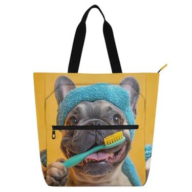 Imagem de GAIGEO Bolsas de trabalho femininas com estampa de buldogue feliz com zíper, bolsa de praia para professores com compartimentos