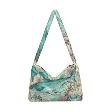 Imagem de Bolsa de ombro feminina Fierce Eyes Behind preta, bolsa de ombro de pelúcia sob o braço, bolsa de ombro com zíper para mulheres, Tubarão coral oceano arranhado com prancha vintage, One Size