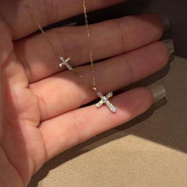 Imagem de Colar de cruz para mulheres, colar delicado com pingente de cruz de diamante banhado a 14 K, simples, pingentes de cruz, fé, joias modernas, presentes, One size fits all, Cobre, Sem Pedra Preciosa