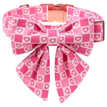 Imagem de Coleira de Dia dos Namorados Maca Bates com laço de marinheiro para meninas, meninos, estampa de corações de amor, rosa, ajustável, durável, xadrez, presente para filhotes machos