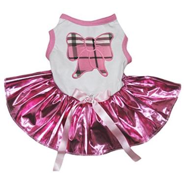 Imagem de Petitebella Vestido de cachorro tutu rosa com laço xadrez branco (médio)