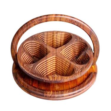 Imagem de Cestas dobráveis feitas à mão, cesta de madeira dobrável Morefordecor, cestas com alças, cesta de frutas feita à mão com 2 compartimentos para entalhar em madeira, pão e nozes (C)