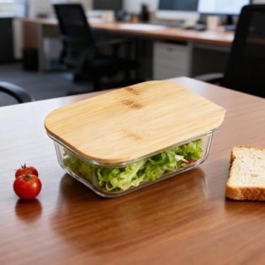 Imagem de Recipiente de vidro para armazenamento de alimentos – lancheira retangular segura para micro-ondas para preparação de refeições, caixa bentô durável para uso no escritório (bege)