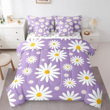 Imagem de Erosebridal Conjunto de cama solteiro com estampa de flor de desenho animado, margarida roxa e branca em uma bolsa para crianças, meninas e adolescentes, conjunto de edredom com lençóis, vida selvagem