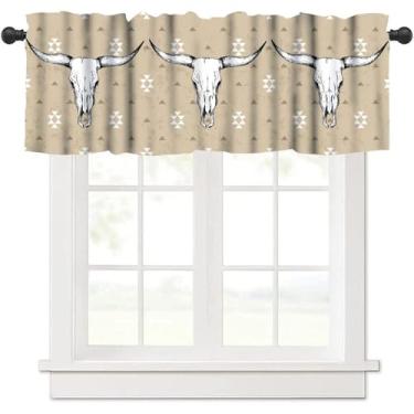 Imagem de JADERYS Cortinas de saia de caveira de touro vintage fazenda rústica caveira de touro asteca branco marrom arte impressa haste bolso cortina sanefa para cozinha, quarto, sala de estar, decoração 1