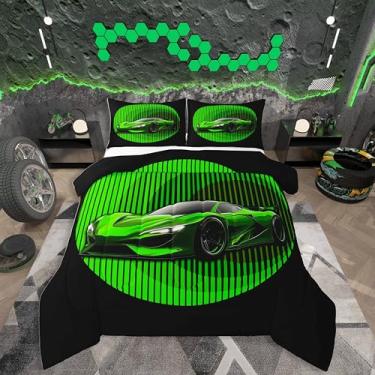 Imagem de jejeloiu Conjunto de edredom com estampa geométrica de carro de corrida, para crianças, meninos, meninas, decoração de esportes radicais, microfibra ultramacia e respirável