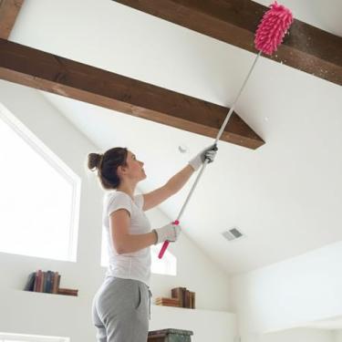 Imagem de Espanador de penas extensível removedor de poeira telescópico para móveis de carro de escritório doméstico ferramenta multiuso de limpeza de teto alto (vermelho rosa, cabeça longa)