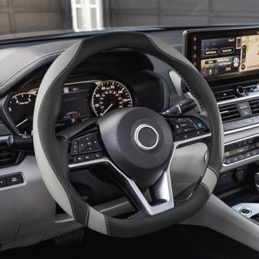 Imagem de ANMOSVO Capa de volante de carro de fundo plano para Nissan Rogue/Altima/Kicks/Maxima| Aderência antiderrapante e design em forma de D para volantes Nissan Rogue Altima Kicks de 14,5 a 38 polegadas