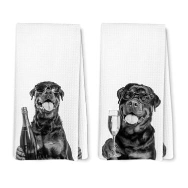 Imagem de Lengues Conjunto de 2 toalhas de cozinha engraçadas Rottweiler, toalhas de mão de bar de champanhe, presentes para amantes de rottweiler, toalha de prato para decoração de cozinha, presentes