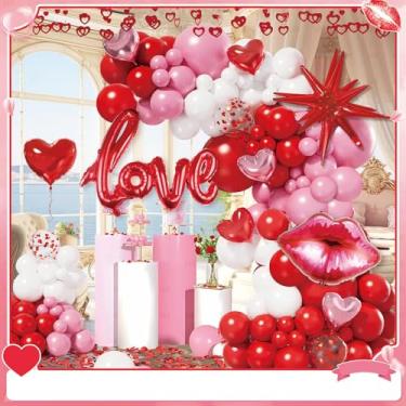 Imagem de 108 peças de decorações vermelhas de dia dos namorados com balões vermelhos de coração e balão do amor, pétalas de rosa falsas para decoração de casamento, decorações de aniversário românticas com
