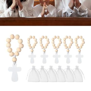 Imagem de Bothyi Crucifixo de madeira para terço, pingente de crucifixo religioso decorativo, lembrança de incentivo, cruz de oração com bolsa para casamento, 6 Terços, 6 Bolsas