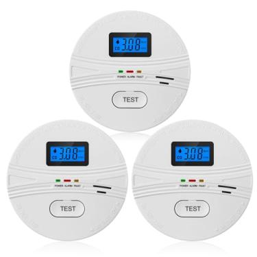 Imagem de Detector e de Monóxido Carbono 3 Pacotes 2 em 1 Detectores com Bateria Botão Teste Alerta Sonoro Display Digital LCD Alarme Incêndio Portátil para Cas
