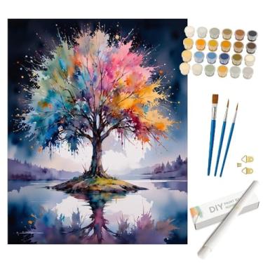 Imagem de Kit de pintura abstrata da natureza por números para adultos - DIY Color Splash Tree by Lake Painting enrolado em tela 40,6 x 50 cm, conjunto de tinta acrílica, adequado para iniciantes, arte para