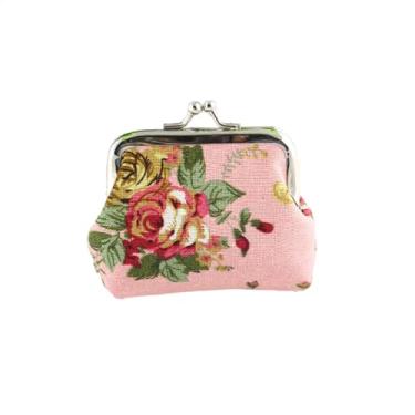 Imagem de Porta-moedas com fivela floral fofa, bolsa vintage, carteira feminina com fecho de beijo, rosa