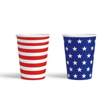 Imagem de Whaline 50 peças de copos de papel patrióticos 4 de julho, vermelho, azul, listrado, estrela americana, copos descartáveis para bebidas quentes e frias, suprimentos de mesa de festa do dia da